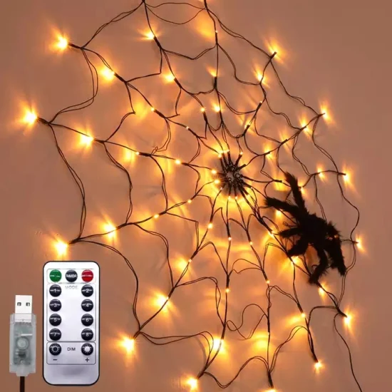 Lumière de toile d'araignée noire d'Halloween de LED avec 70 lumières oranges imperméables de filet de LED